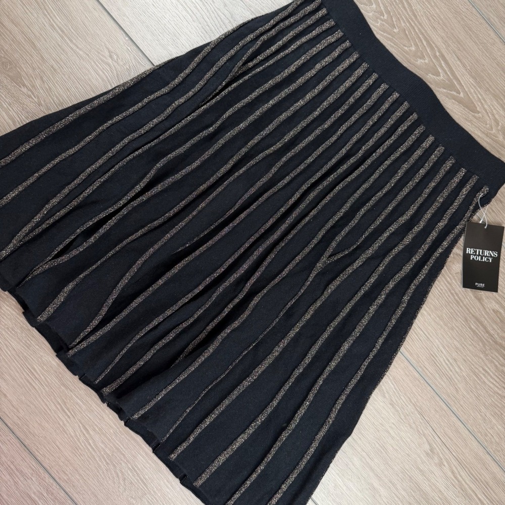 Pure Collection Womens Wool Cashmere Pleated Knit Skirt Black Gold L